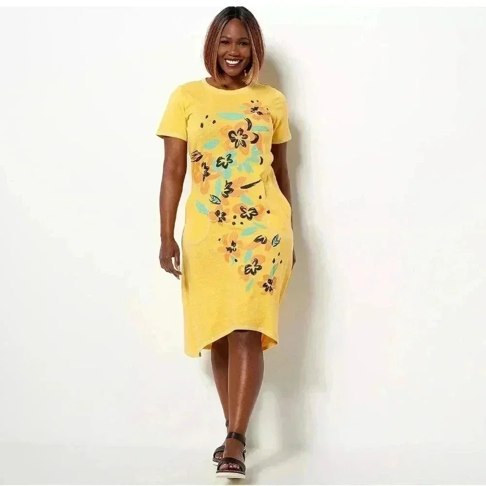 4/$25 LOGO by Lori Goldstein Limitees Floral Graphic Dress Banana Pockets Sz S